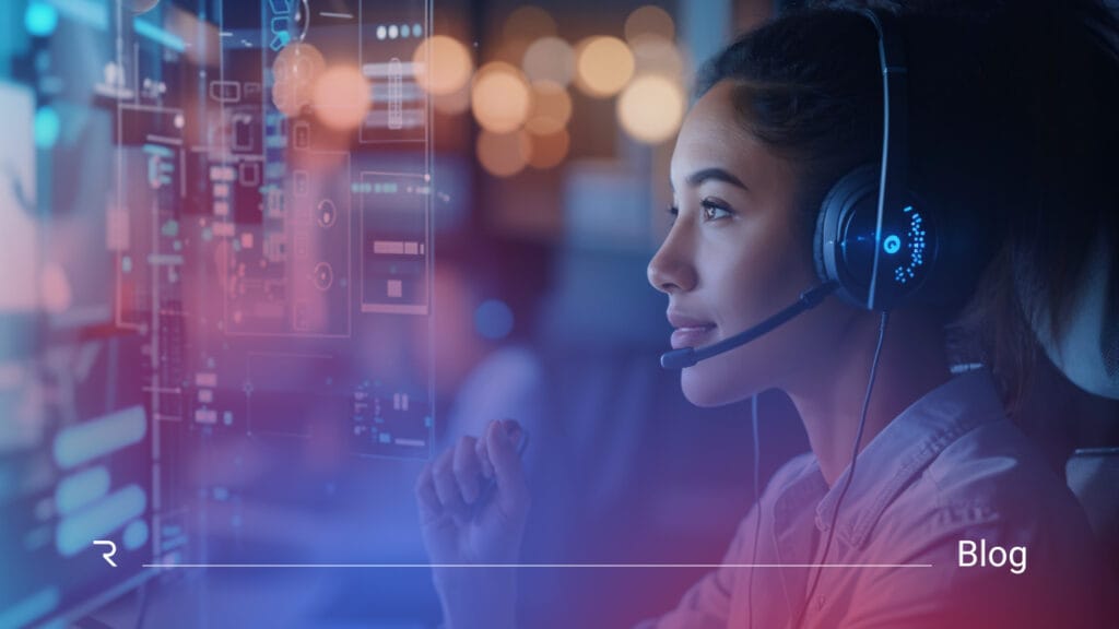 Professional IT service desk agent wearing headset in modern support center, representing automated ticket resolution and customer service automation
