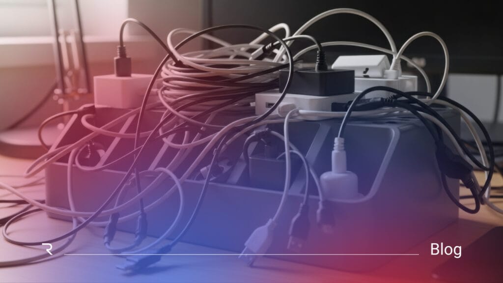 Tangled cables and power strips on a desk representing disconnected and unmanaged IT systems