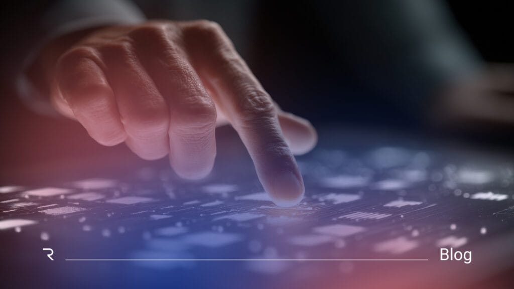 Hand touching digital interface with data visualization representing RPA and identity governance limitations